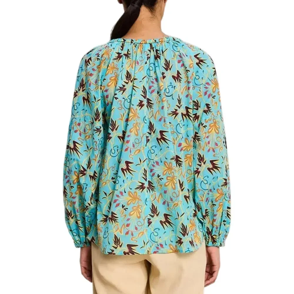 ALC Tropical Cotton Blouse Balloon Sleeve Turquoise 12 Resort Vacation Cruise - Picture 2 of 16
